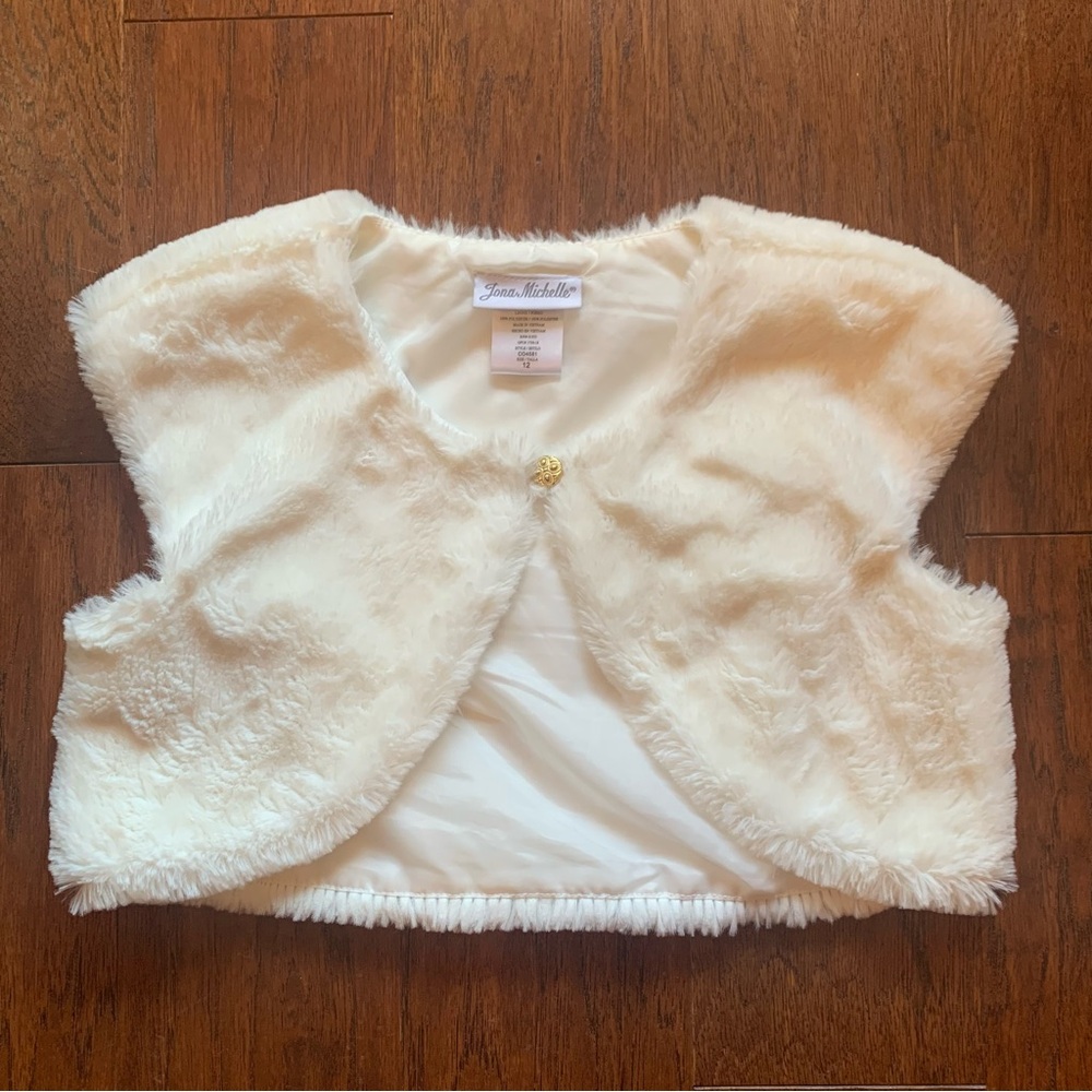 Girls White Faux Fur Bolero Jacket Gold Button Cropped Size 12